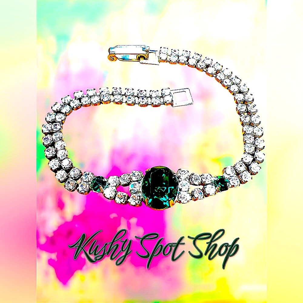 Vintage✨❇️ Signed SP LIND™️ Emerald/Clear Crystals Tennis Style Silver Bracelet✨
